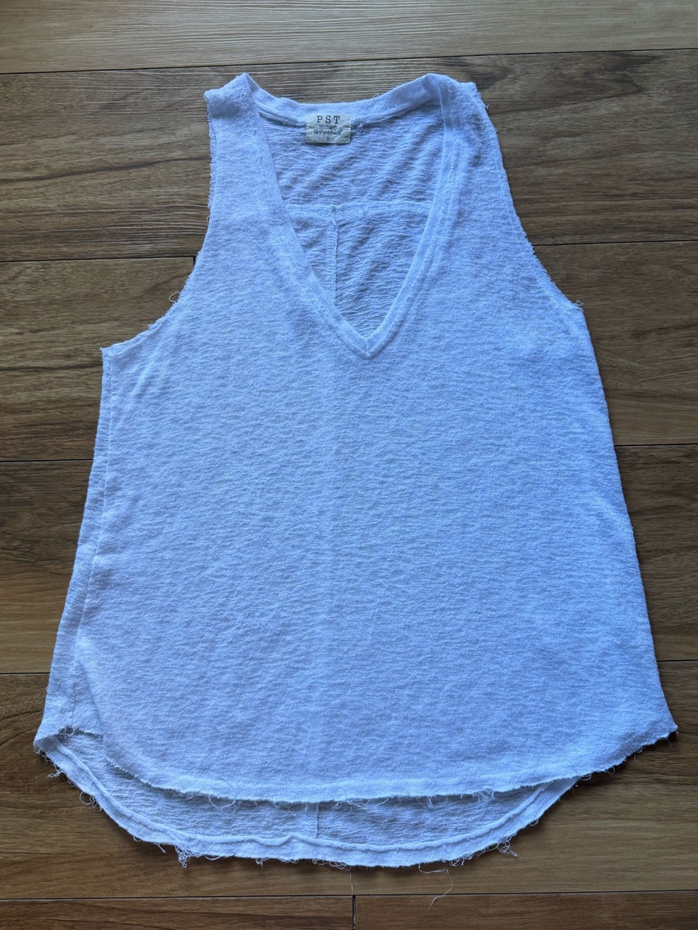 PST Los Angeles Raw Hem V-Neck White Tank Top Made in USA Size Small